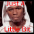 A 50x50 pixel animated contact sheet showing two frames of a buddy icon with text overlays and a person wearing a white hooded garment against a dark background.