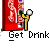 Red vending machine with white decorative patterns, yellow lever, and two circular buttons; black text 'Get Drink' below on gray background.
