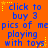 Static orange background with blue text reading "click to buy 3 pics of mepics of me playing with toys" and yellow star accents.