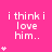 A static image with a bright pink background displays repeated white text "i think i love him.." and small white heart symbols in various arrangements.