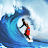 Animated sequence of a surfer riding a blue wave, showing dynamic motion across frames.