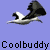 Animated contact sheet of a swan icon with multiple motion frames showing wing and body movement against a solid blue background, each frame labeled "Coolbuddy" in pixelated text below.