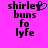 Pixelated text on bright pink background with a heart symbol replacing the 'y' in shirley, two versions side-by-side showing animation change.