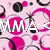 Pixelated pink and black graphic with white text fragments, abstract shapes, and scattered dots on a light pink background.