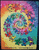 Pixelated abstract composition with swirling multicolored patterns transitioning from warm oranges and pinks to cool blues and greens, forming a central circular cluster against a gradient background.