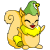 Pixelated cartoon squirrel wearing green hat and yellow scarf, holding acorn with curled tail visible against white background.