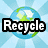 Pixelated globe with green landmasses and white clouds on light blue background, featuring bold black-and-white 'Recycle' text overlay.