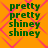 Green text 'pretty pretty shiny shiny' on orange background with pink diamond pattern, four identical