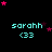 Pixelated icon with cyan text 'sarahh <33' repeated across a black background, pink stars scattered throughout.