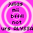 Pixelated pink background with four identical circular patterns containing text, each pattern featuring concentric white rings and black text reading 'julias', 'mii', 'bfffl', 'not' vertically, with 'urs ALYSSA' text below the patterns.