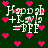 Pixelated green background with pink hearts and white text reading 'Happy + I = BEE' in four repeated sections.
