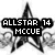 Black and white pixelated star-shaped icon with text blocks reading ALLSTAR 14 MCCUE over a grayscale background.