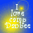 Blue background with yellow glow behind white text reading "I love camp Dabbee" in pixelated font.