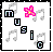 Static pixel art icon with white background, black border, and scattered musical notes surrounding a pink flower-like shape.