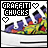 Pixelated icon with 'GRAFFITI CHUCKS' text, white dog silhouette on colorful background, animated heart symbols changing position.