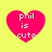 Four pink heart-shaped icons with white text "phil is cute" on a yellow background, each with distinct pixelation levels.
