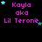 Pixelated text displays 'Kayla aka Lil Terone' in pink with cyan stars on a black background, arranged in three across four