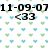 Pixelated icon with black text '11-09-07' and '<33' over a white background patterned with green and cyan heart shapes.
