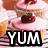 A cupcake with pink frosting and a cherry on top appears in multiple views, each overlaid with the text "YUM" in bold black-and-white lettering.