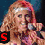 six pixelated images showing a woman with long red hair in various poses and outfits, with red and black text overlays