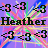 Pixelated icon with 'Heather' text, four '=3' symbols in corners, and colorful diagonal stripes on purple background.
