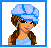 A 3x3 contact sheet of pixel art frames showing a cartoon female character with brown braided hair, light blue crop top, dark green shorts, and a light blue headscarf in various poses against white backgrounds.