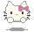 Pixelated white cat face with pink bow, dark blue eyes, orange nose, and green accents on cheeks and chin.