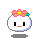 Pixelated white circular character with black rectangular eyes, pink mouth, and pink flower crown with yellow center and green leaf, on gray background.