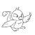 Pixelated grayscale icon of a winged creature with a rounded head, large eye, and outstretched limbs holding a curved object.
