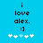 Blue background with black text reading 'i love alex.' and ':]' above five white plus signs, one of which is light blue.