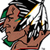 Pixelated character with brown skin, black hair, green earrings, and a red collar holding a sword with yellow accents.