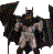 Pixelated static image of a figure in dark cape and cowl with bat-like ears, standing against light gray background.