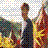 Pixelated static image of two figures in formal attire against a checkered background with scattered colored dots.