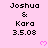 Pixelated text displays 'Joshua & Kara 3.5.08' on a pink background with small pink hearts, partially cropped at bottom right.