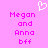 Pixelated pink background with white heart symbol above text reading "Megan and Anna bff" in two identical vertical