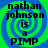 Four identical display 'nathan johnson is a PIMP' text over blue-green spiral background with black pixelated font