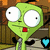 Green cartoon character with large white eyes and red mouth in various poses, some with heart symbols or text.
