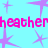 Pixelated pink text 'heather' repeats across a light blue background with purple starbursts, partially obscured by a gray rectangle.