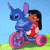 Pixelated static image of a blue alien character and a girl riding a pink tricycle against a light blue sky and green grass background.