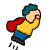 Animated pixel art of a character with teal hair, yellow shirt, blue pants, and red cape flying left to right against gray background.