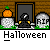 Animated Halloween-themed contact sheet showing multiple frames of a pixel art icon with tombstones, pumpkins, and a ghost character in various states including speech bubbles and facial expressions.
