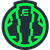 Green circular icon with dark center and stylized text elements, pixelated rendering on gray background.