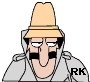 Animated cartoon character with tan fedora, black mustache, and gray jacket, showing eye and mouth expression changes across frames.