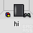 Pixelated icon with repeated dark gray rectangular shapes and small colorful elements, transitioning to splatter effects on a light gray background.