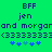 Green background with dark blue pixelated text and symbols arranged in two mirrored , each containing 'BFF', 'jen', 'and morgarand morgan', '(3333333)', and a of five star-like icons
