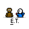 Animated contact sheet of a pixel art buddy icon featuring two stick figures (brown and blue) with changing hand positions, speech bubbles, and a pointing hand animation across 14 frames.