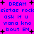 Bright pink background with blue pixelated text repeating 'DREAM sistas rocks ask if u wana kno bout EM' and black plus signs scattered throughout.