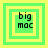 Four green and yellow square frames with "big mac" text, each frame showing different border configurations and text placement.