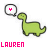 Green dinosaur with black outline stands facing left, each version has a speech bubble above its head containing a colored 'Y' symbol and the name "LAUREN" below in matching color.