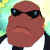 Pixelated close-up of a bald figure with dark sunglasses, wearing a white shirt and dark jacket against a blurred green-yellow background.